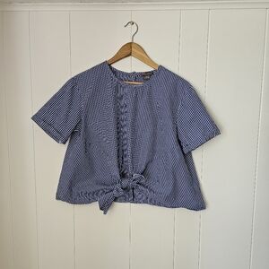 100% COTTON Sans Souci Striped Blue White Tie-Front Top